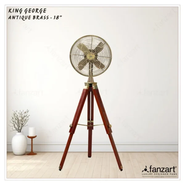 King George – 18″ Antique Tripod Fan in Antique Brass Finish