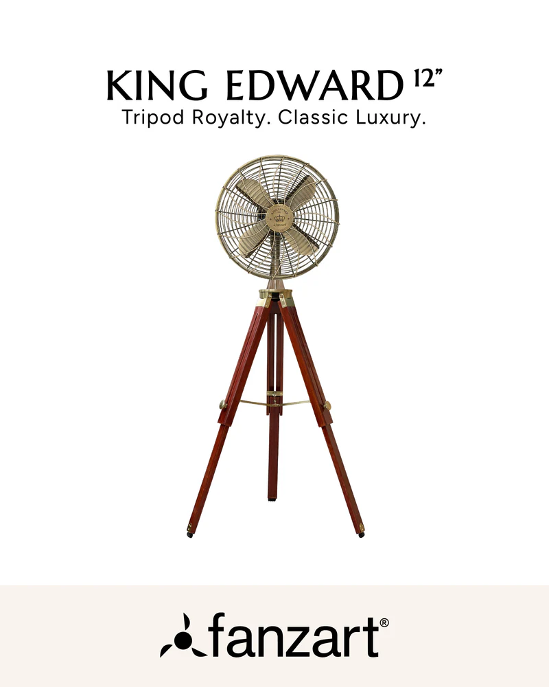 King Edward – 12″ Antique Tripod Fan in Antique Brass Finish