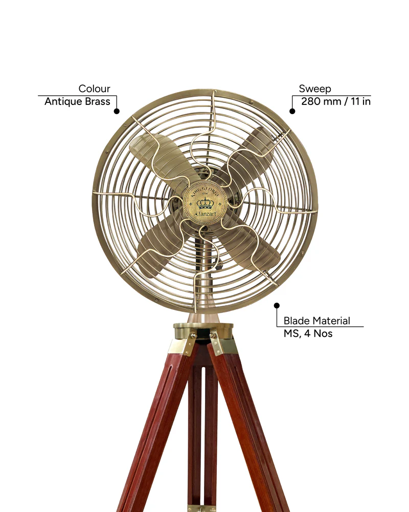 King George – 12″ Antique Tripod Fan in Antique Brass Finish - Image 3
