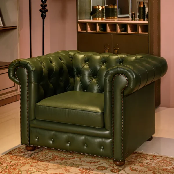 Chesterfield Leather Single Seater Sofa Green - Image 2