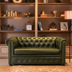 Genuine Leather Chesterfield Two Seater Sofa Olive Green