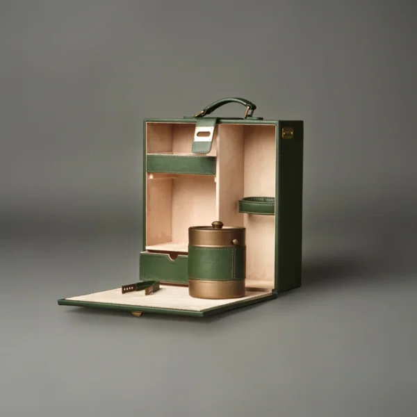 Portable Bar in Cane & Leather Green - Image 2
