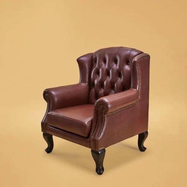 Genuine Leather Chesterfield Wing Chair Brown - Image 2