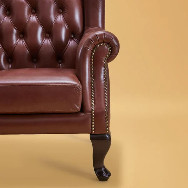 Genuine Leather Chesterfield Wing Chair Brown - Image 3