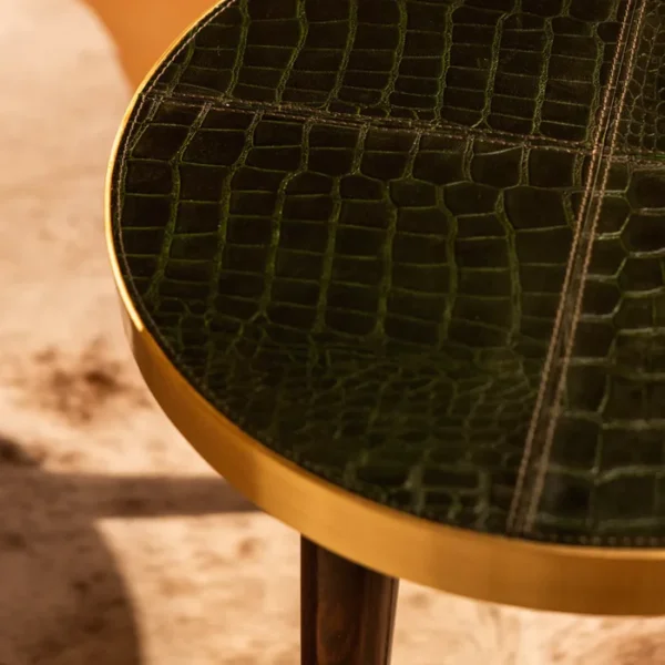 Round Side Table- Embossed Leather Green - Image 3