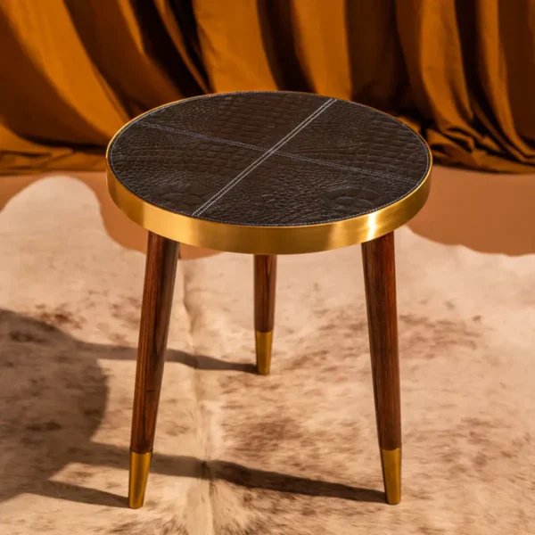 Round Side Table- Embossed Leather Blue - Image 2
