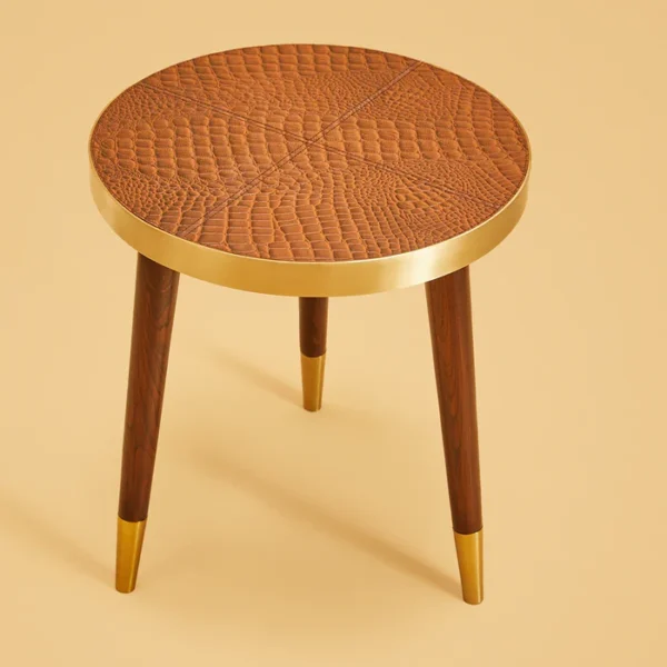 Round Side Table- Embossed Leather Tan - Image 4