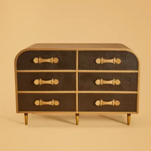 Mid-Century-Genuine Leather Chest of Six Drawers