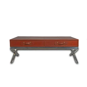Genuine Leather Centre Table With Two Pull Out Drawers In Brown Colour