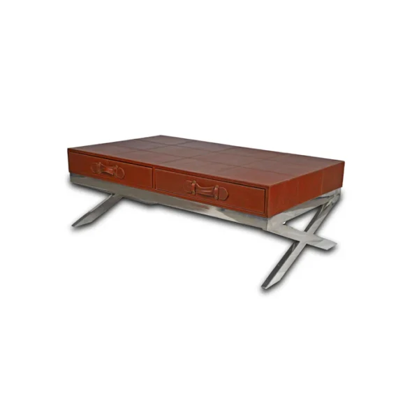 Genuine Leather Centre Table With Two Pull Out Drawers In Brown Colour - Image 3