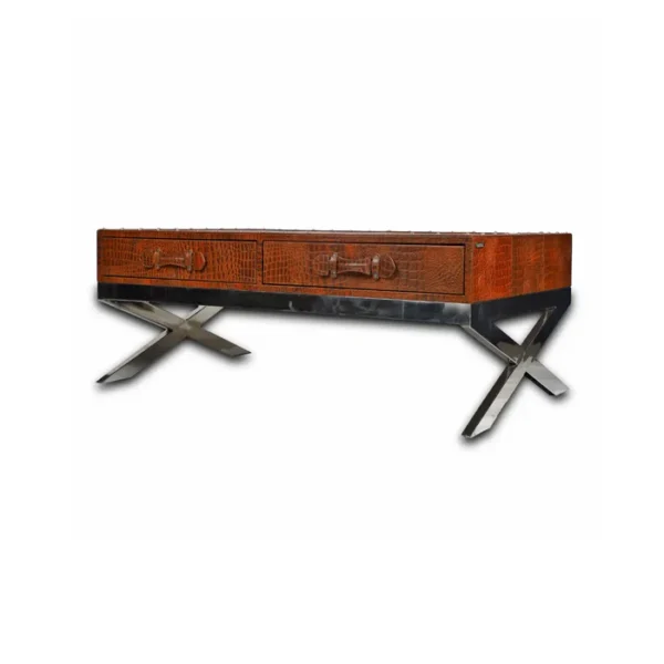 Genuine Leather Centre Table With Two Pull Out Drawers In Tan Colour - Image 3