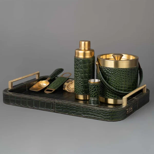 Debonair Bar Tray & Cocktail Set Metal Handle - Green - Image 2