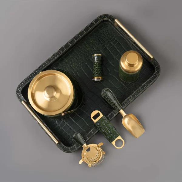 Debonair Bar Tray & Cocktail Set Metal Handle - Green - Image 4