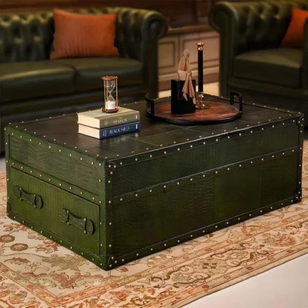 Handcrafted Genuine Leather Low Centre Table In Green - Image 2