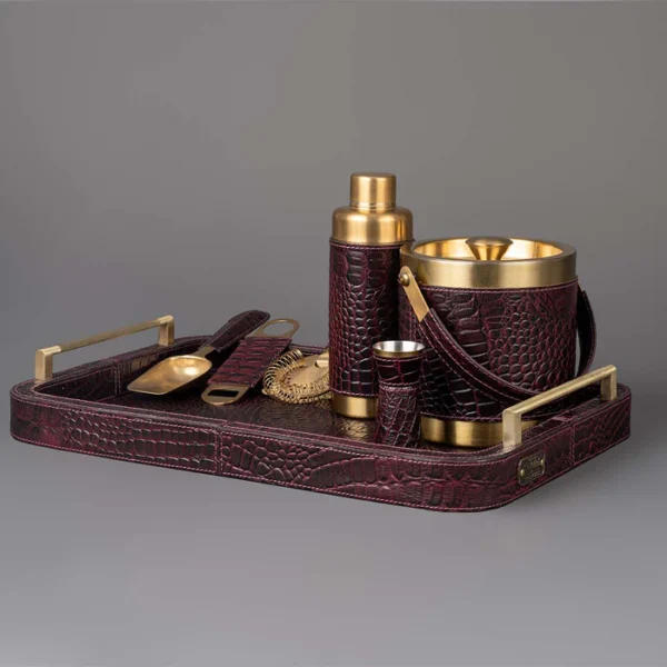 Debonair Bar Tray & Cocktail Set Metal Handle - Burgundy - Image 2