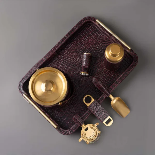 Debonair Bar Tray & Cocktail Set Metal Handle - Burgundy - Image 4