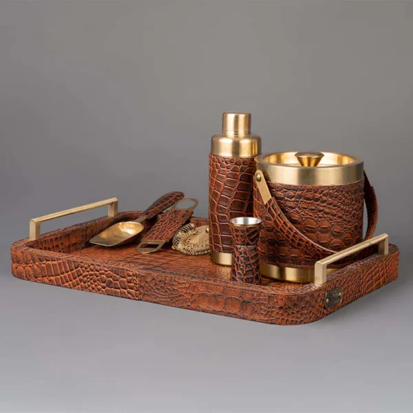 Debonair Bar Tray & Cocktail Set Metal Handle - Tan - Image 2