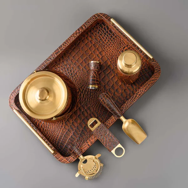 Debonair Bar Tray & Cocktail Set Metal Handle - Tan - Image 4